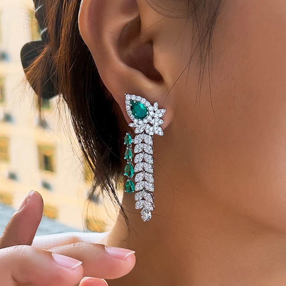 Elegant Dangling Leaf Drop Green CZ Earrings