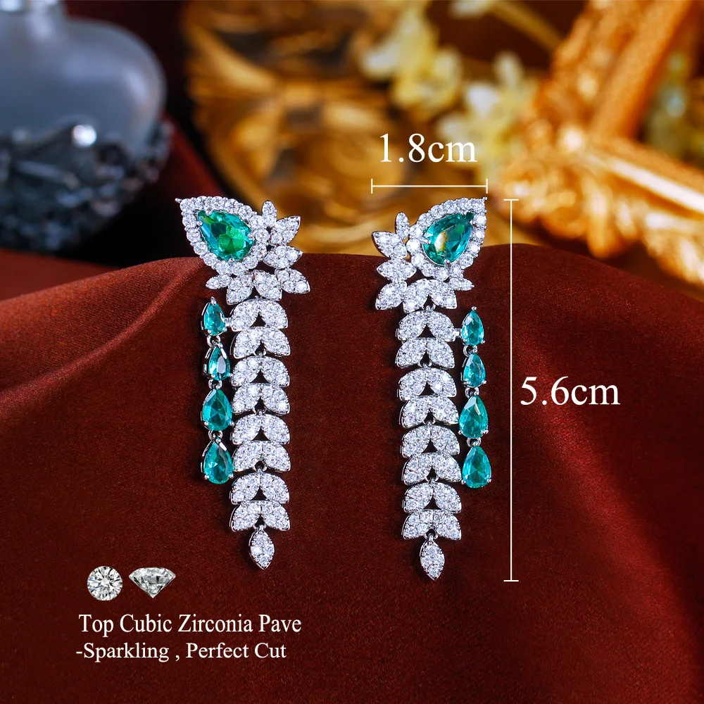 Elegant Dangling Leaf Drop Green CZ Earrings